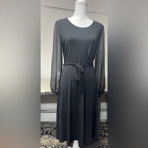 NWT Charter club black dress with sheer sleeves and belt full skirt size small